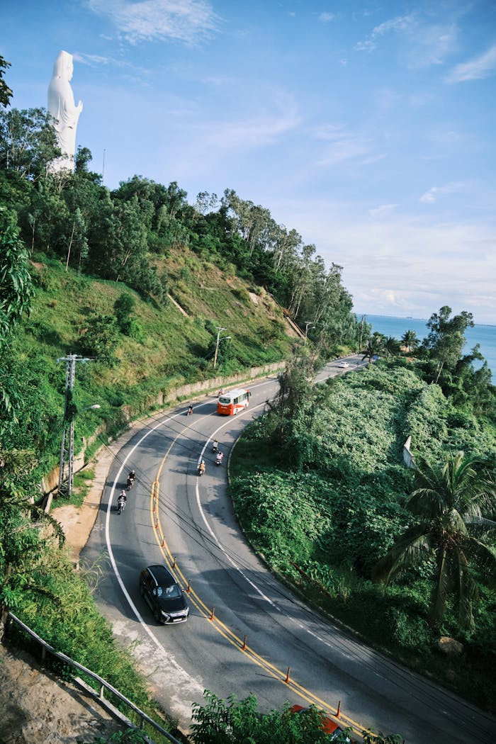 A winding road along the coast of Đà Nẵng, surrounded by lush greenery and hills under a clear sky.